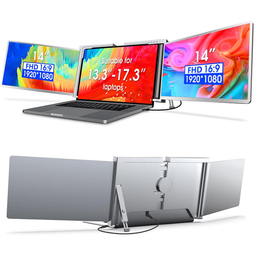 Portable 14" IPS Triple-Screen Monitor Extender - Dual 1080P IPS Displays, Single‑Cable USB‑C Operation, Adjustable Stand, for 13-17" Windows & macOS Laptops (Gray) - My Pro Essentials
