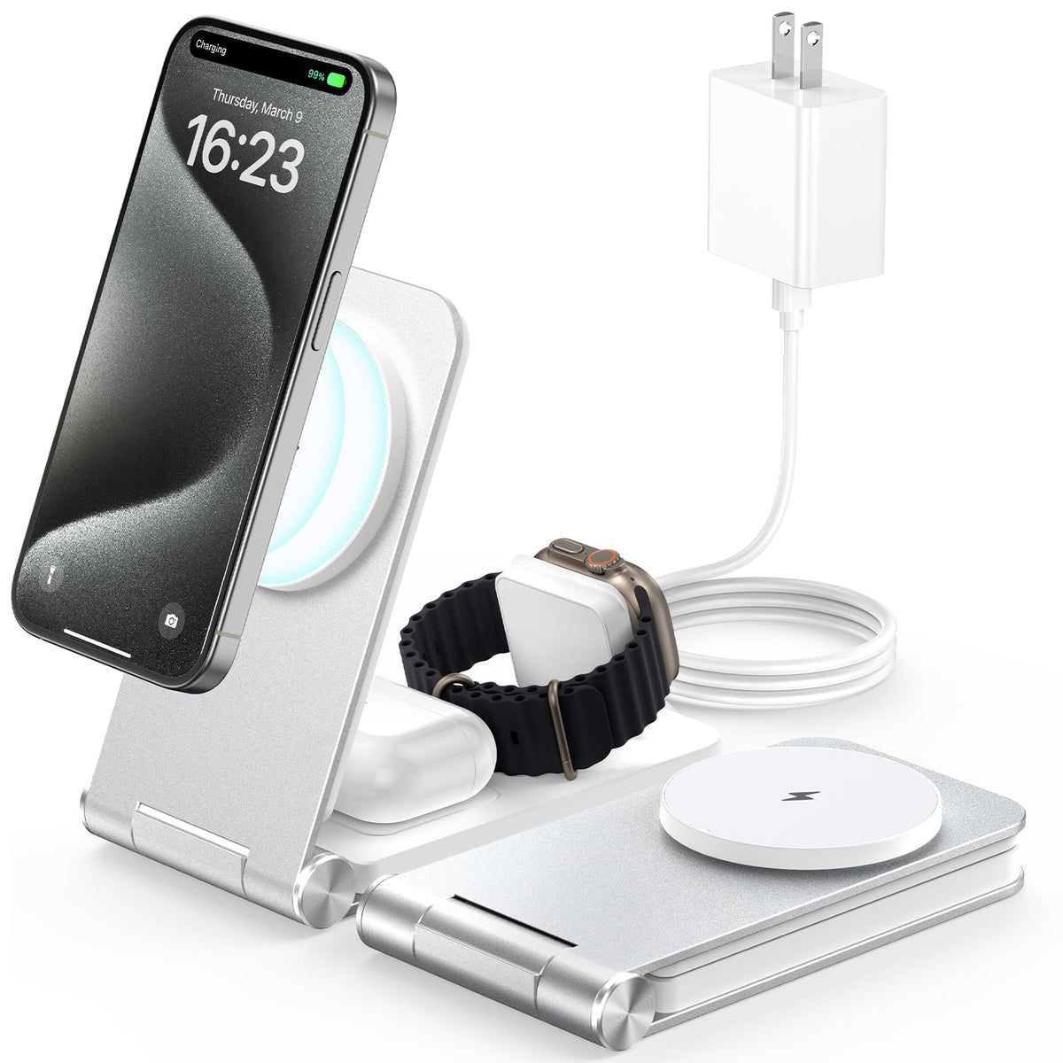 Facbiny 3‑in‑1 MagSafe Foldable Charging Station with 20W Fast Adapter - Silver - My Pro Essentials