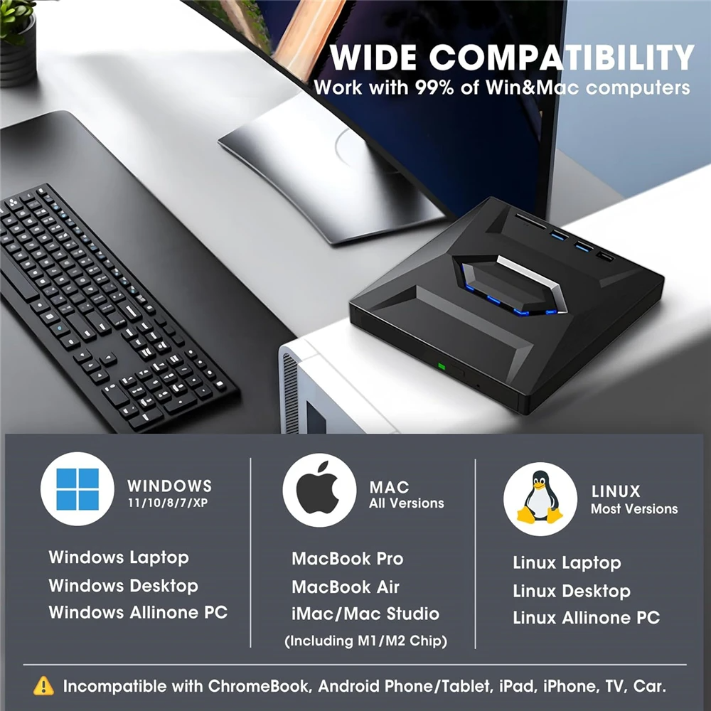 Portable CD & DVD Optical Drive with USB Hub & Card Reader (USB-C & USB-A))