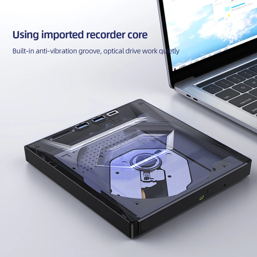 Portable CD & DVD Optical Drive with USB Hub & Card Reader (USB-C & USB-A))