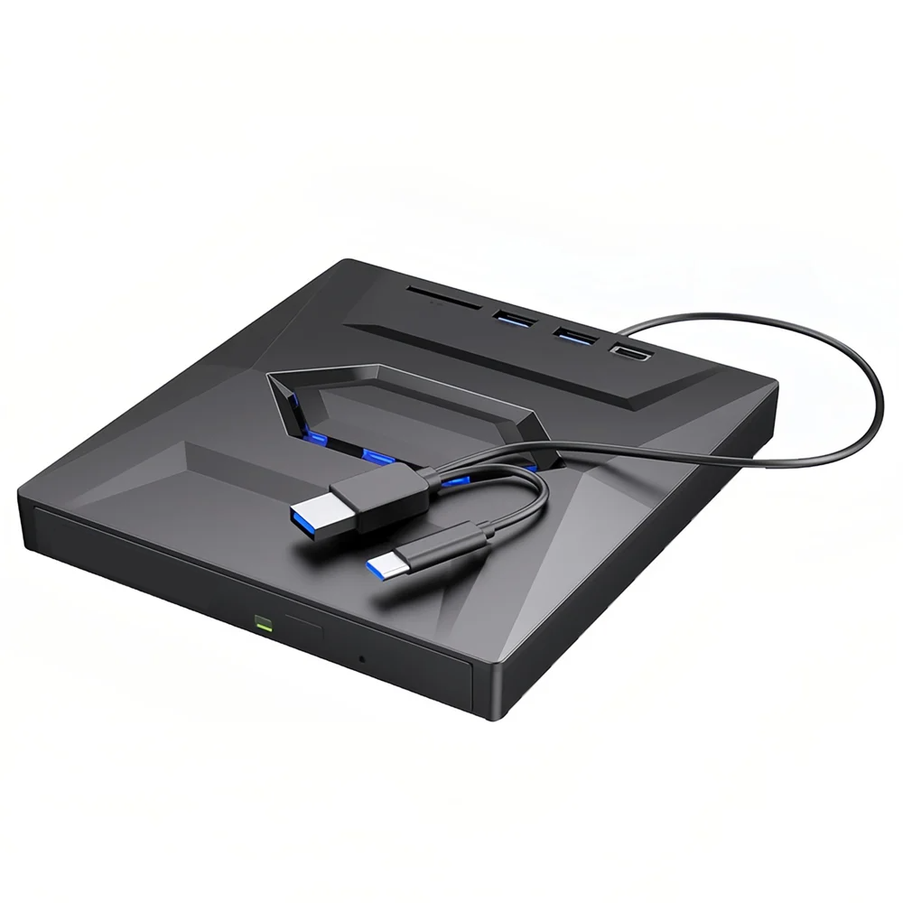Portable CD & DVD Optical Drive with USB Hub & Card Reader (USB-C & USB-A))