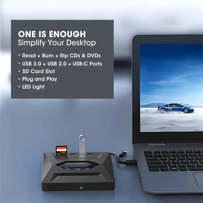 Portable CD & DVD Optical Drive with USB Hub & Card Reader (USB-C & USB-A))