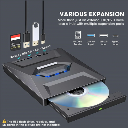 Portable CD & DVD Optical Drive with USB Hub & Card Reader (USB-C & USB-A))