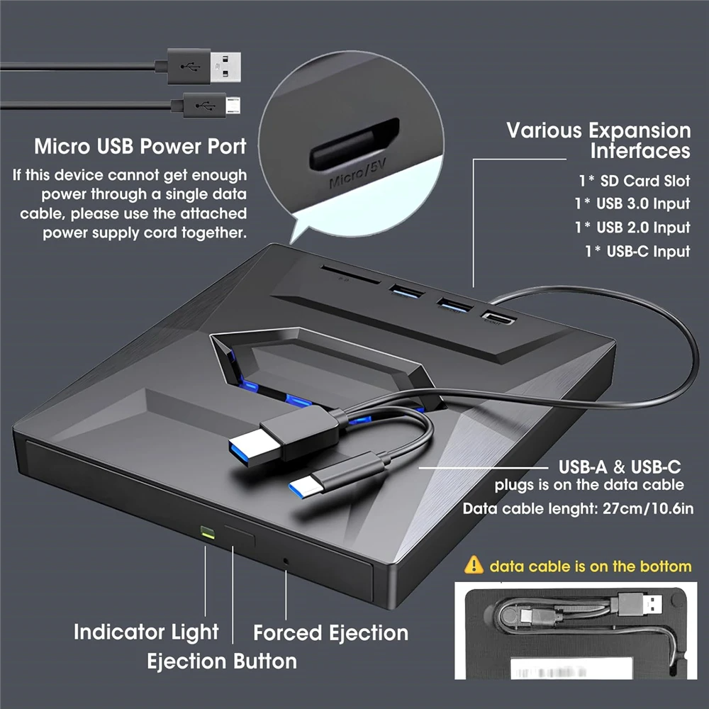Portable CD & DVD Optical Drive with USB Hub & Card Reader (USB-C & USB-A))