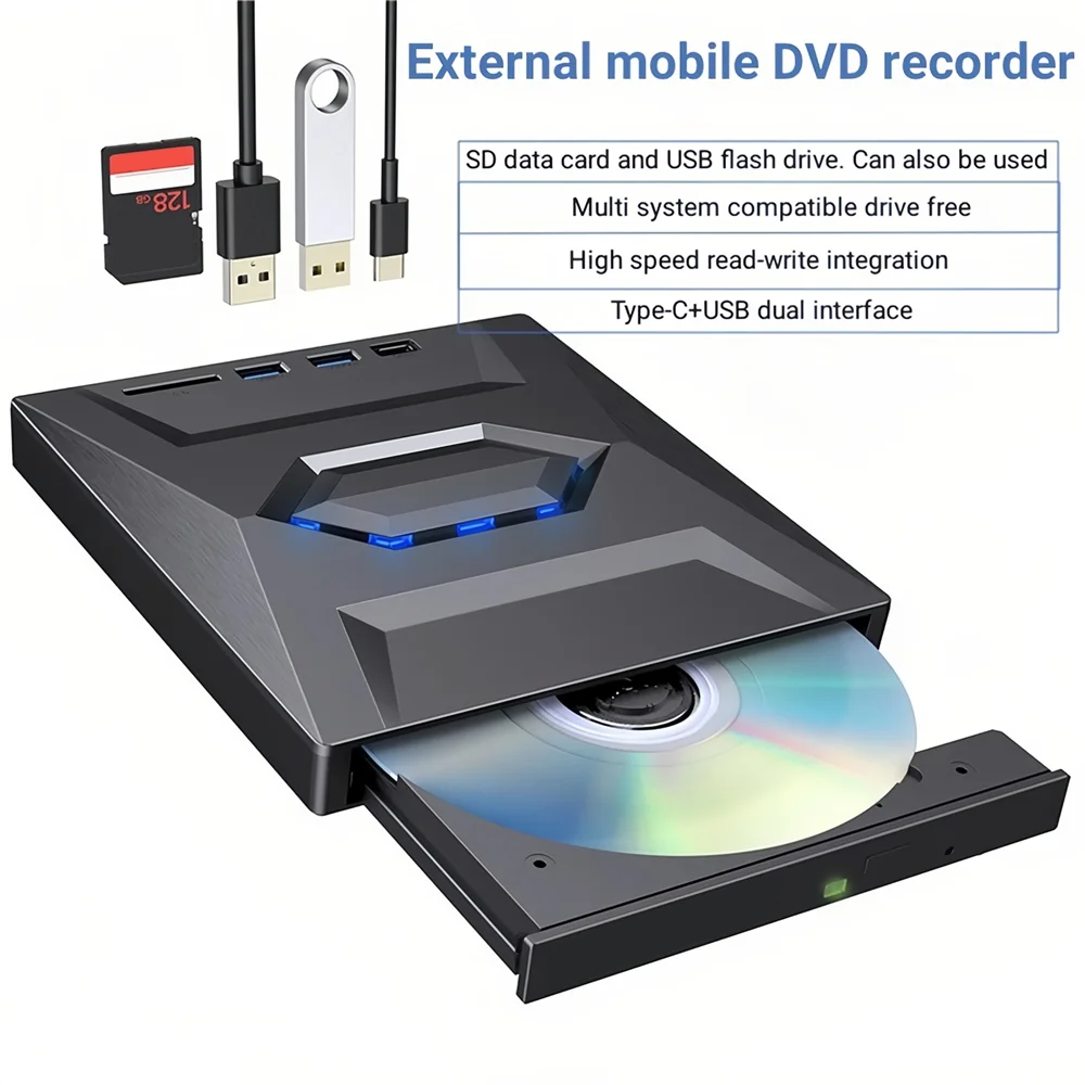 Portable CD & DVD Optical Drive with USB Hub & Card Reader (USB-C & USB-A))