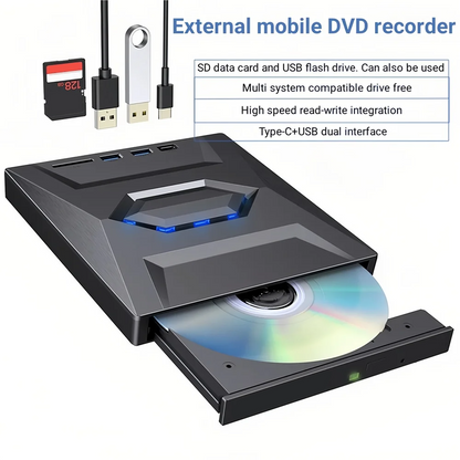 Portable CD & DVD Optical Drive with USB Hub & Card Reader (USB-C & USB-A))