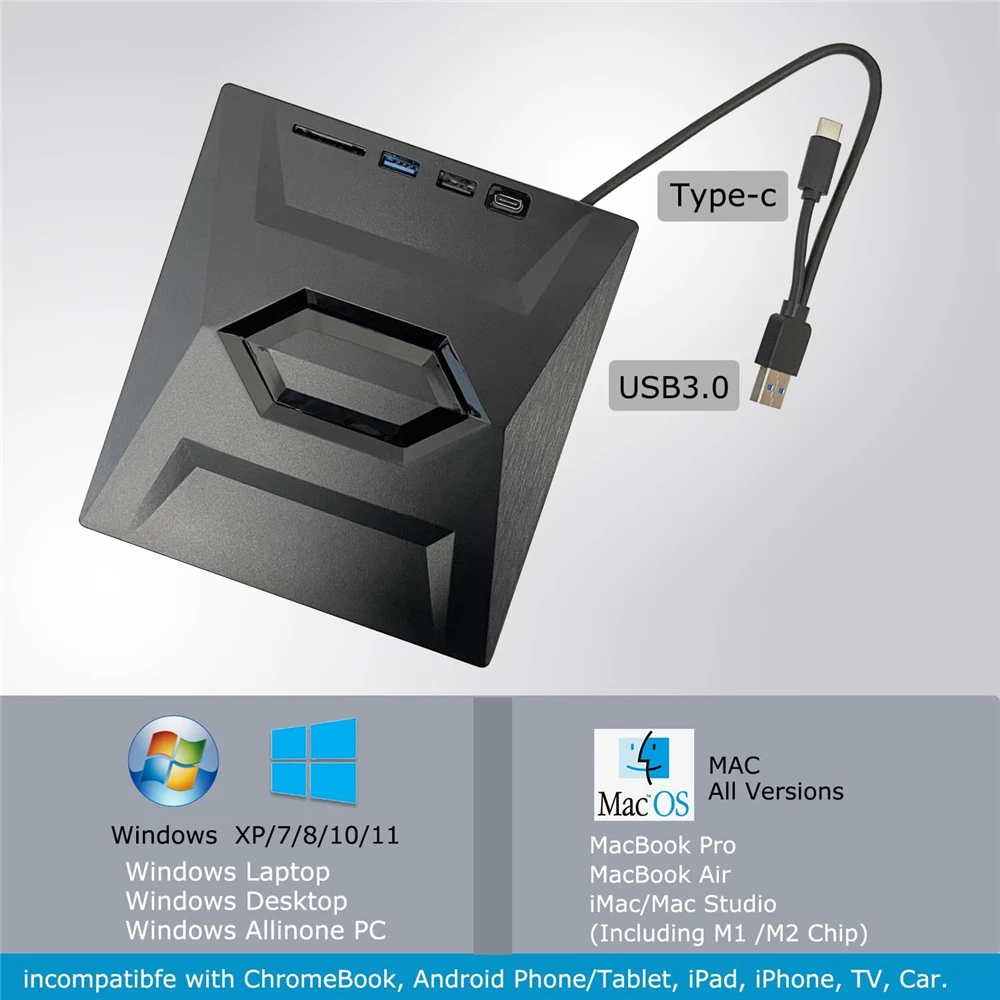 Portable CD & DVD Optical Drive with USB Hub & Card Reader (USB-C & USB-A))