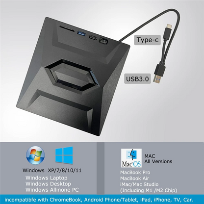 Portable CD & DVD Optical Drive with USB Hub & Card Reader (USB-C & USB-A))