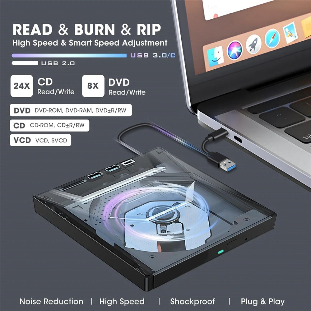 Portable CD & DVD Optical Drive with USB Hub & Card Reader (USB-C & USB-A))