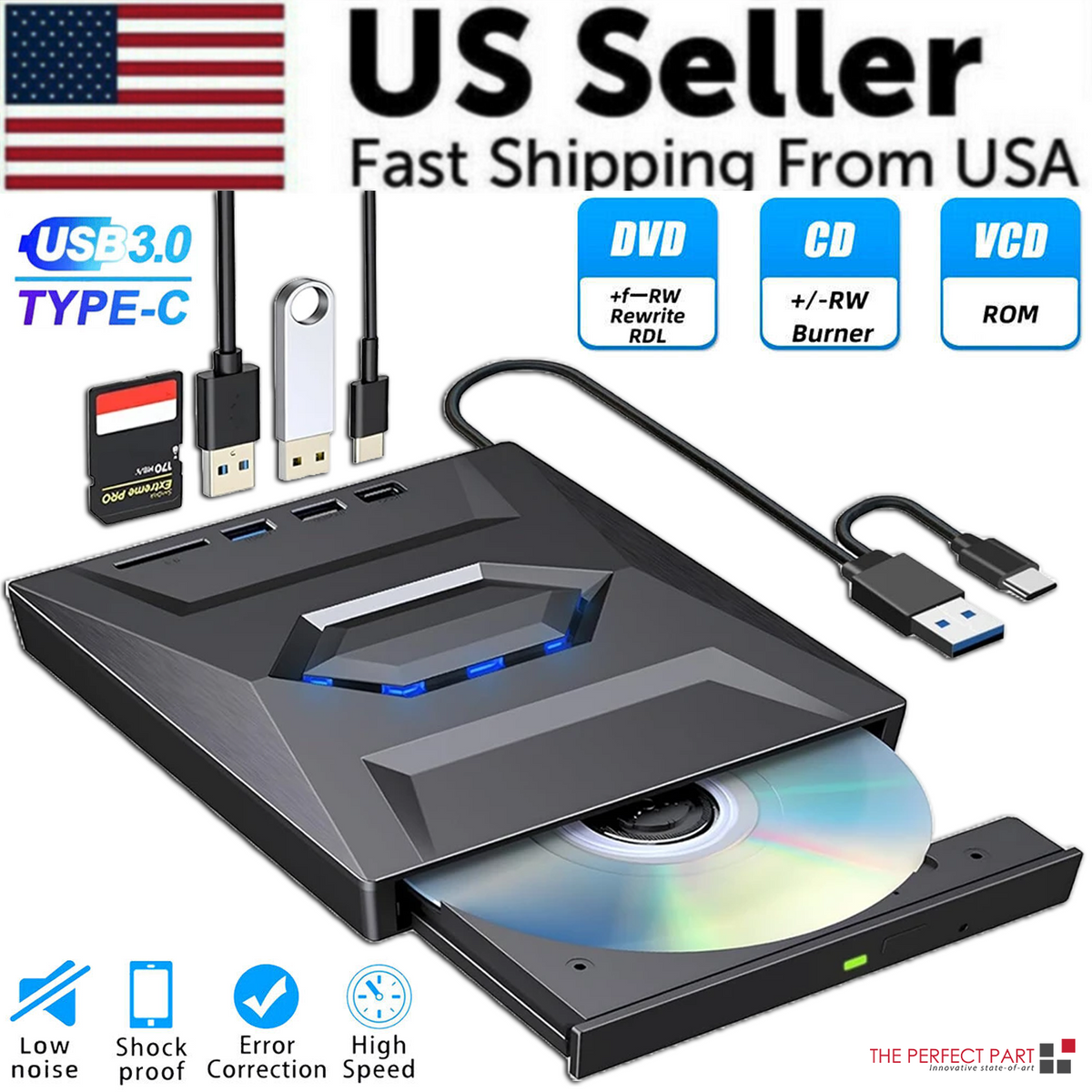 Portable CD & DVD Optical Drive with USB Hub & Card Reader (USB-C & USB-A))