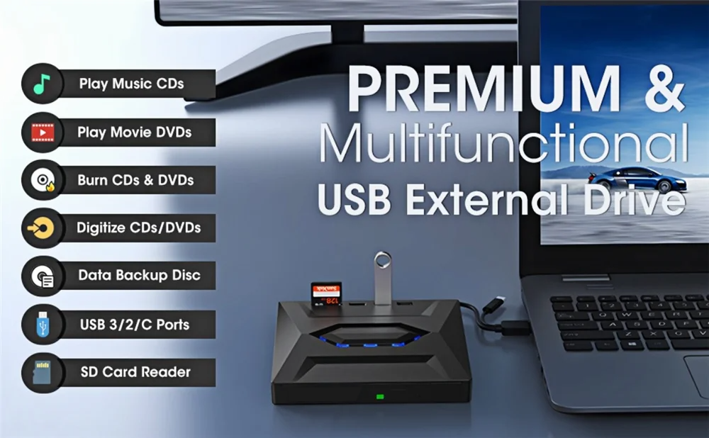 Portable CD & DVD Optical Drive with USB Hub & Card Reader (USB-C & USB-A))