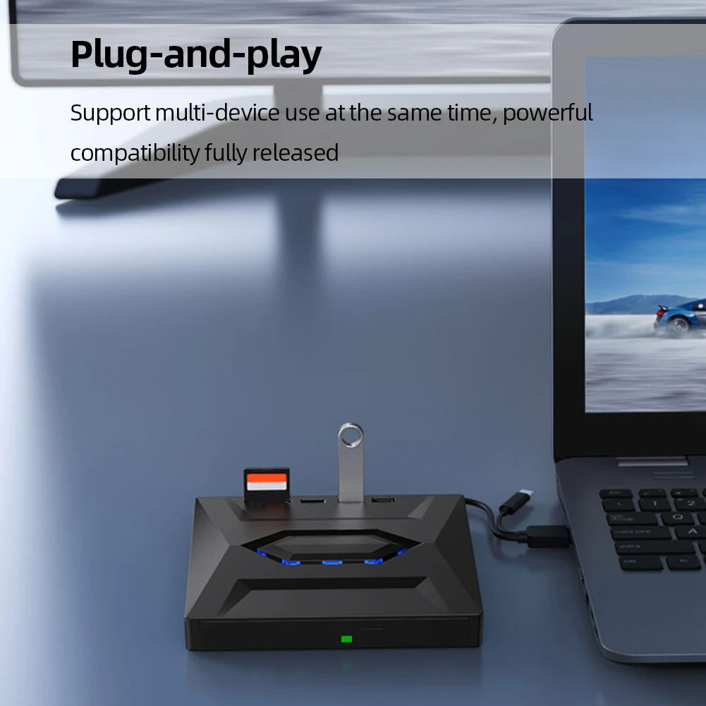 Portable CD & DVD Optical Drive with USB Hub & Card Reader (USB-C & USB-A))